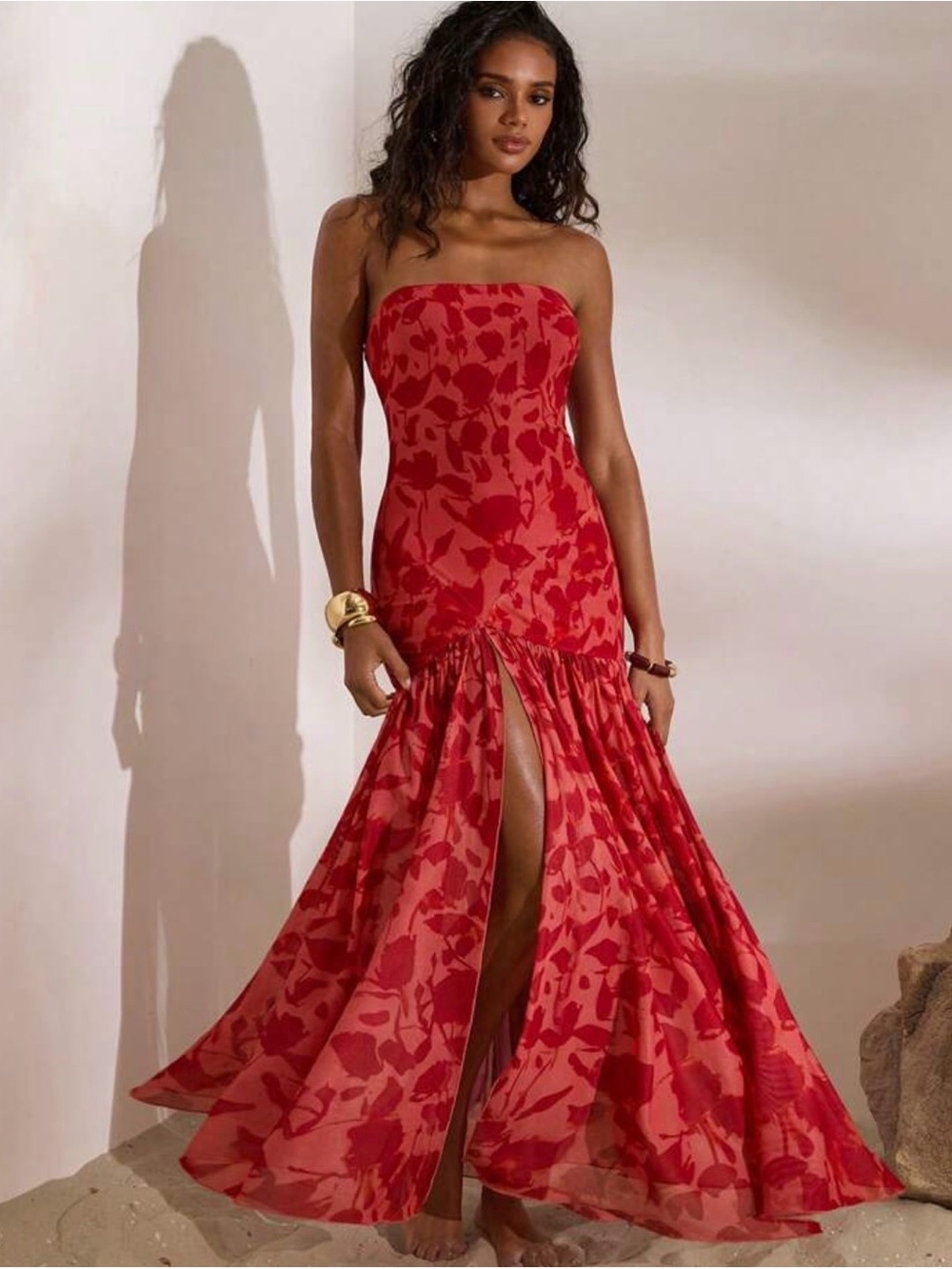 Strapless Red Floral Split-Hem Maxi Dress
